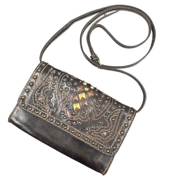 Frye & Co Phoenix Leather Crossbody Bag Brown Studded Boho Western Purse Biker - Picture 1 of 16